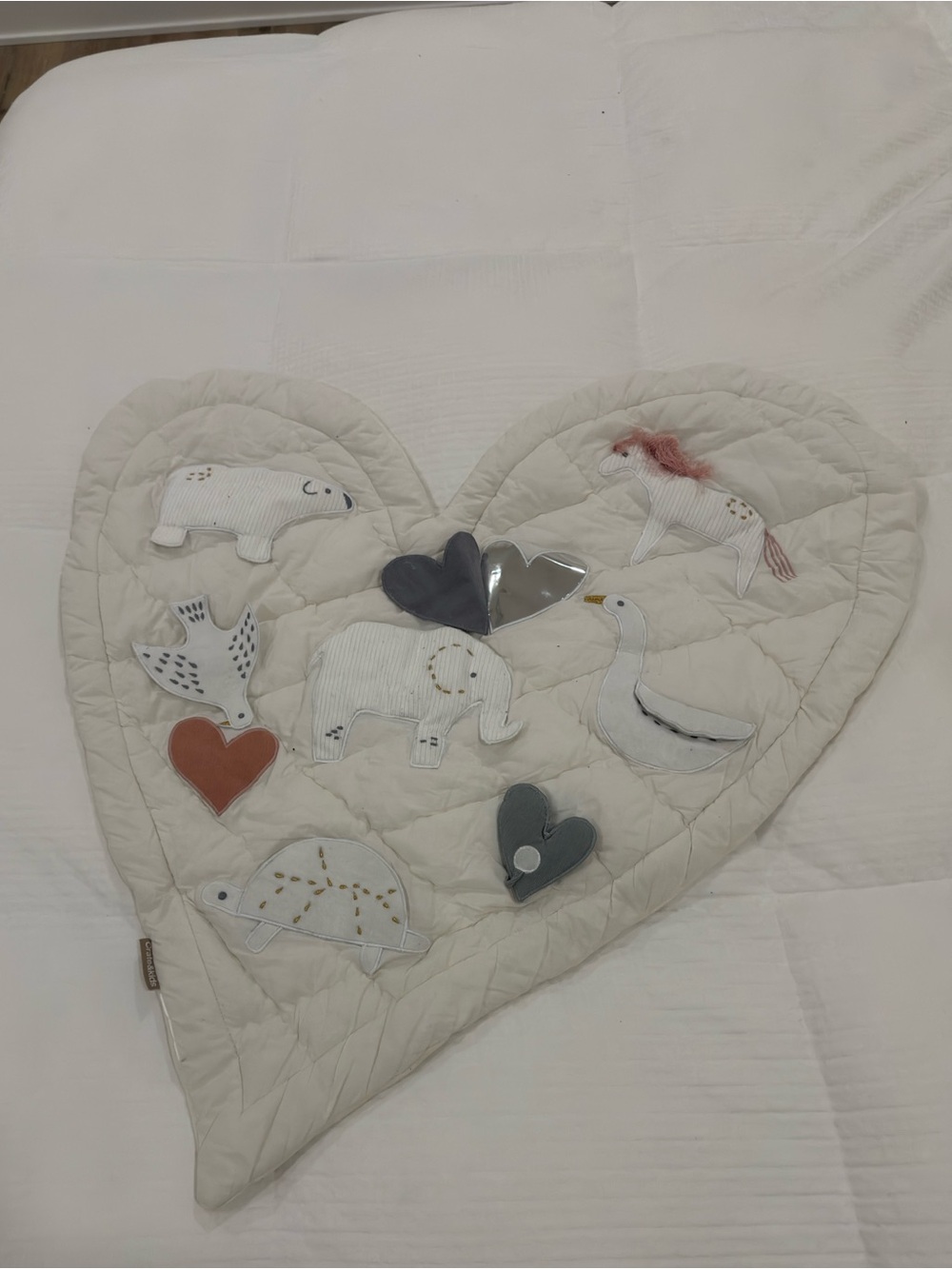 Heart-Shaped Quilted Play Mat with Animal Appliqués - Neutral Tones